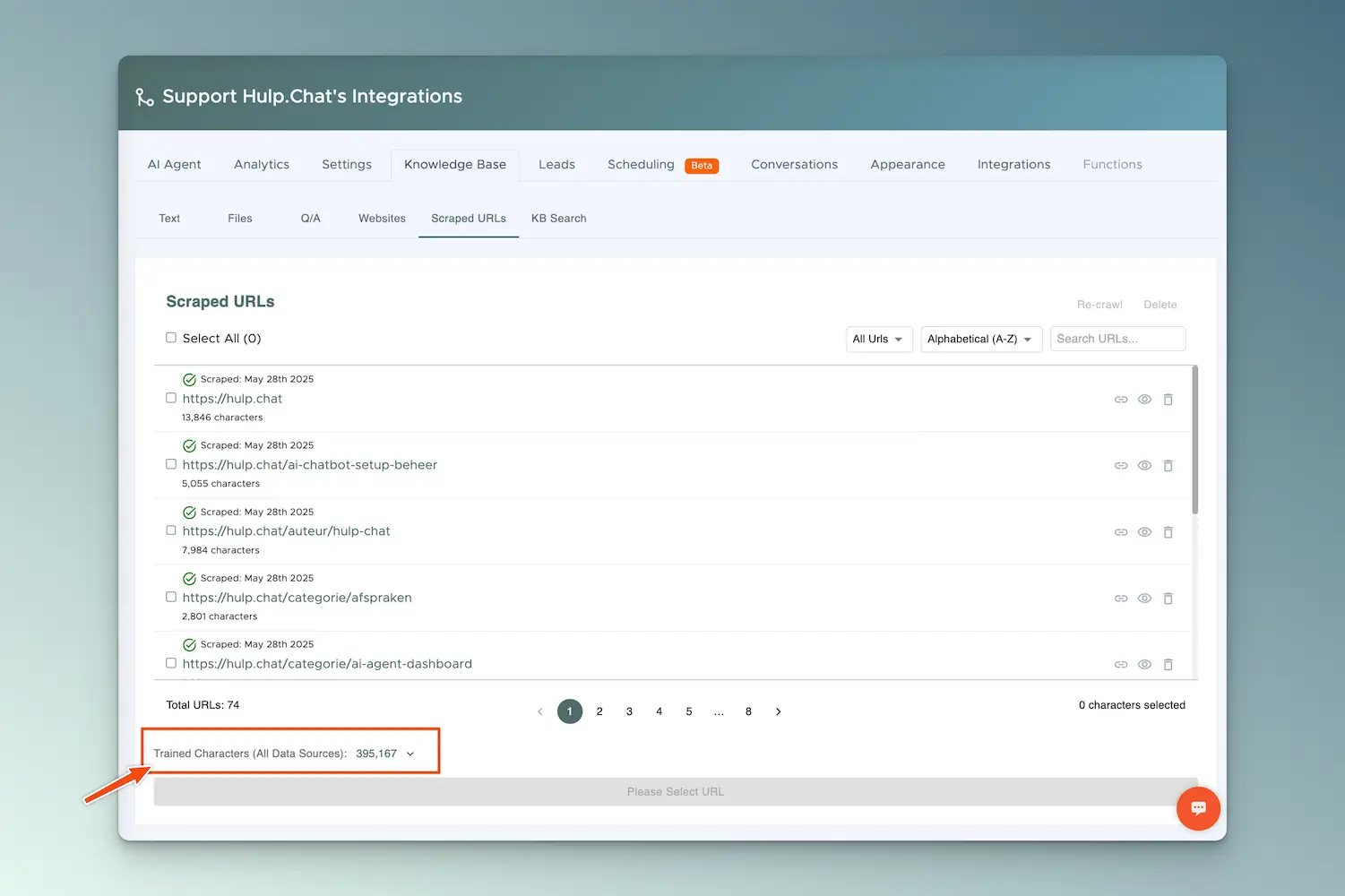 het dashboard hoeveel karakters al zijn getraind