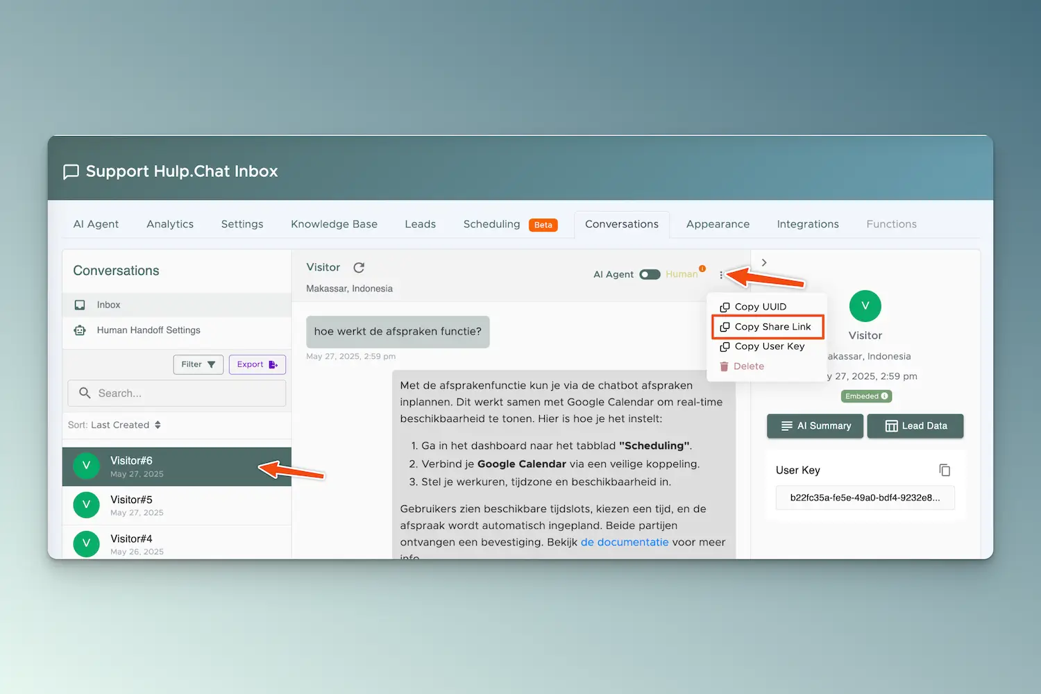 copy gespreks link in hulp.chat dashboard