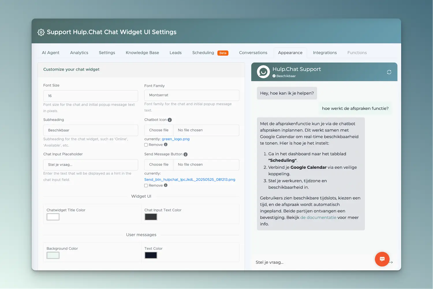 uiterlijk ai chat widget aanpassen