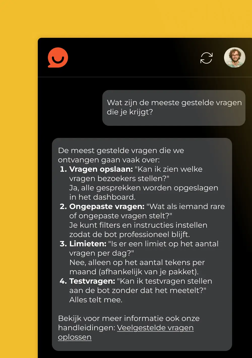 Chatgesprek met AI-chatbot over veelgestelde vragen, inclusief antwoorden over opslag, limieten en testvragen.