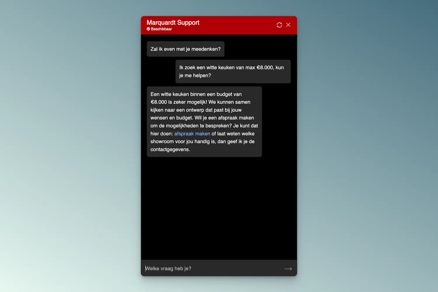 Chatvenster van Marquardt Support waarin een AI-chatbot helpt bij het plannen van een afspraak voor een keuken binnen een budget van €8.000.