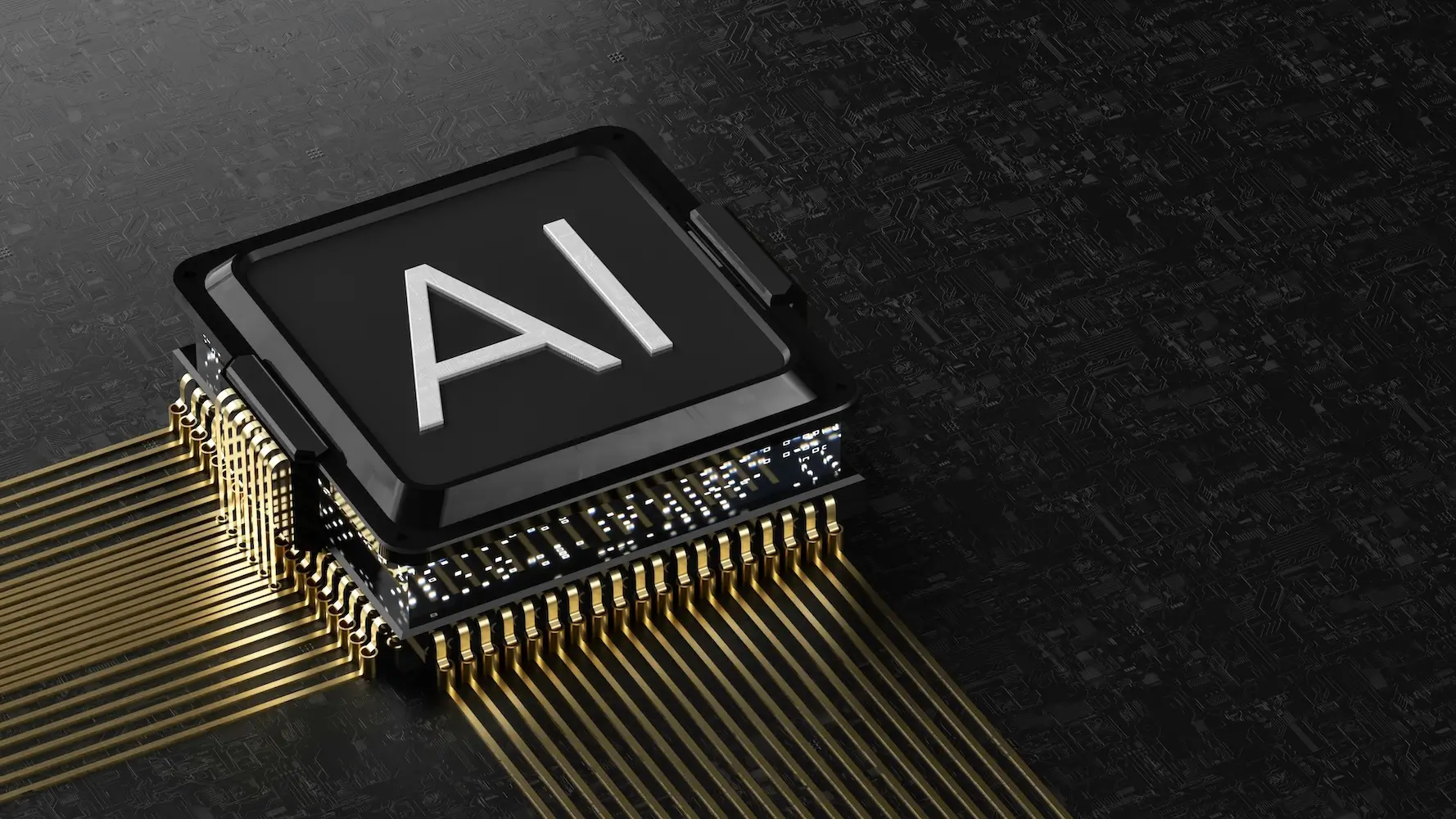 Zwarte computerchip met AI-logo en gouden circuits