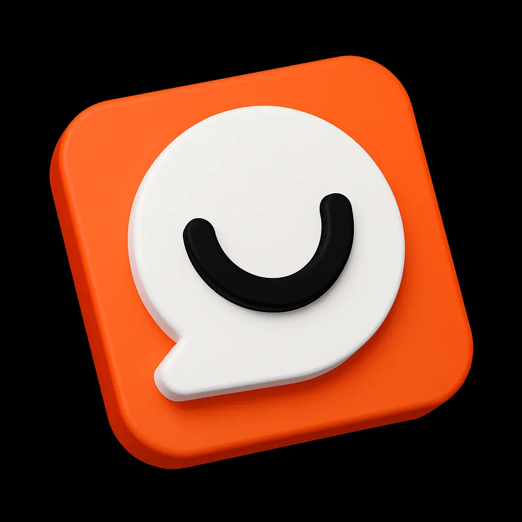 Logo van Hulp.Chat: oranje en wit 3D-spraakballon met een zwarte glimlach, op zwarte achtergrond.