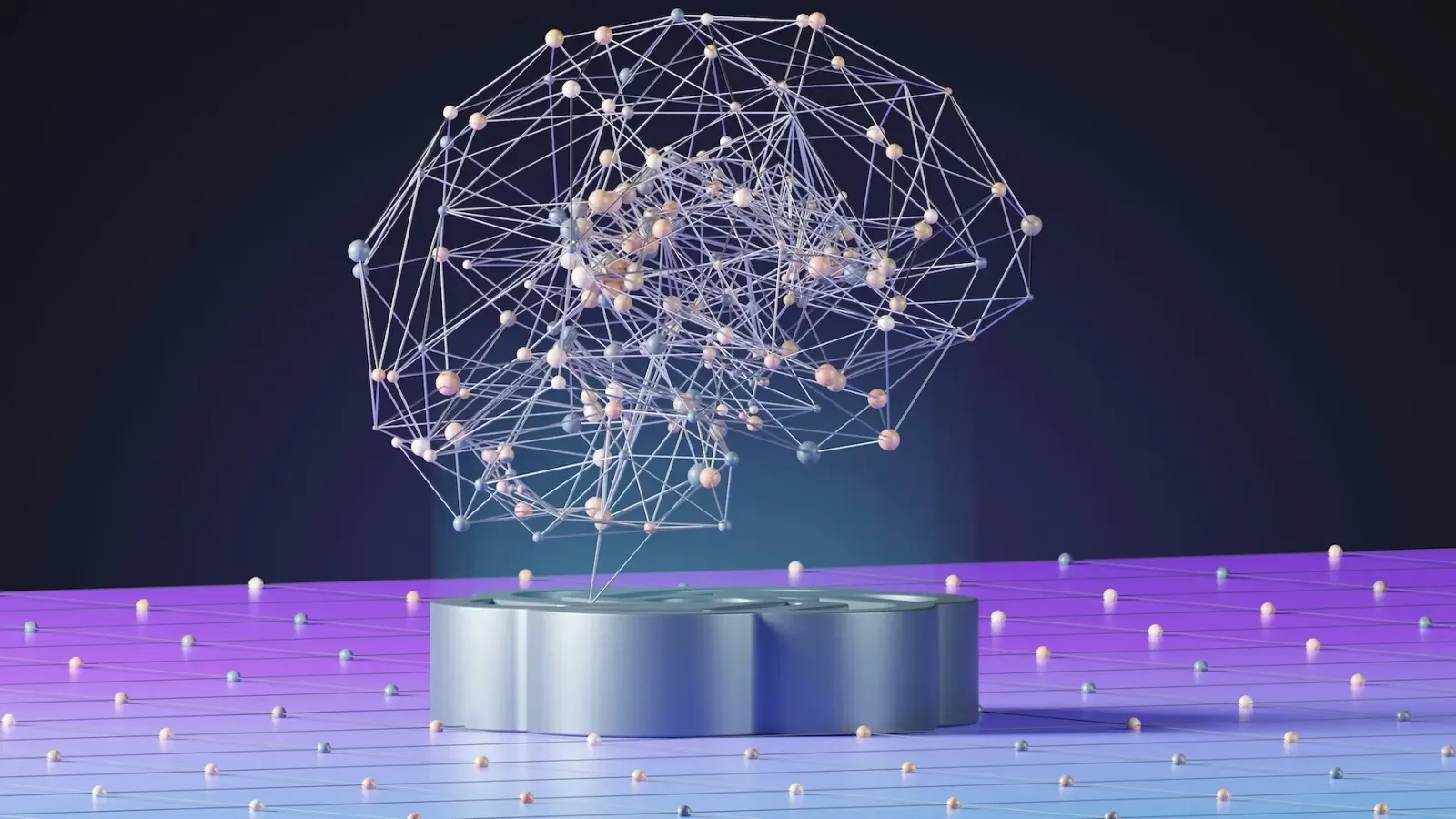 Abstract 3D AI-brein van knooppunten en lijnen op futuristisch platform.