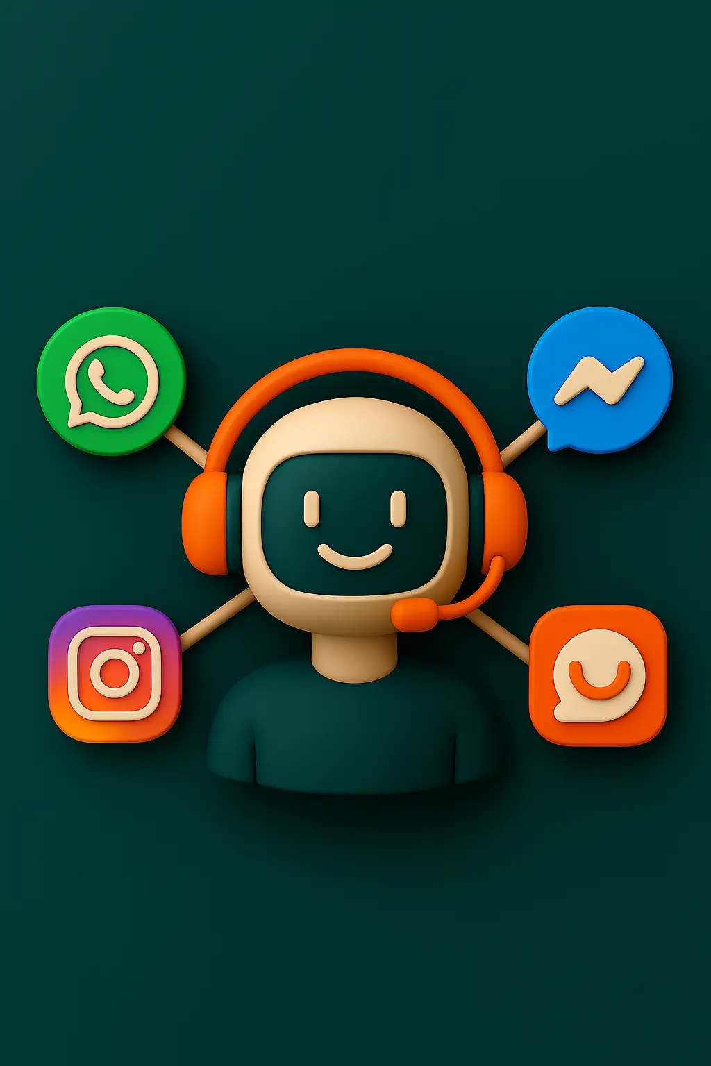 AI-chatbot met headset, verbonden met WhatsApp, Instagram, websitechat en Messenger in 3D-stijl. 