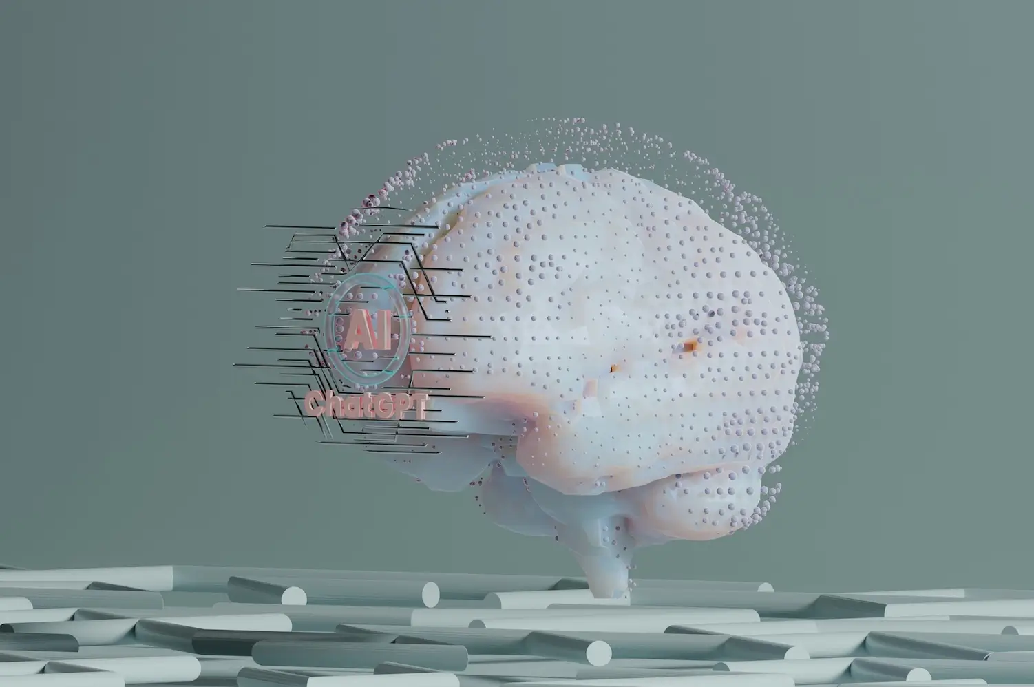 Abstracte digitale illustratie van een hersenmodel met een AI en ChatGPT-logo, omringd door kleine puntjes en lijnen op een grijze achtergrond.